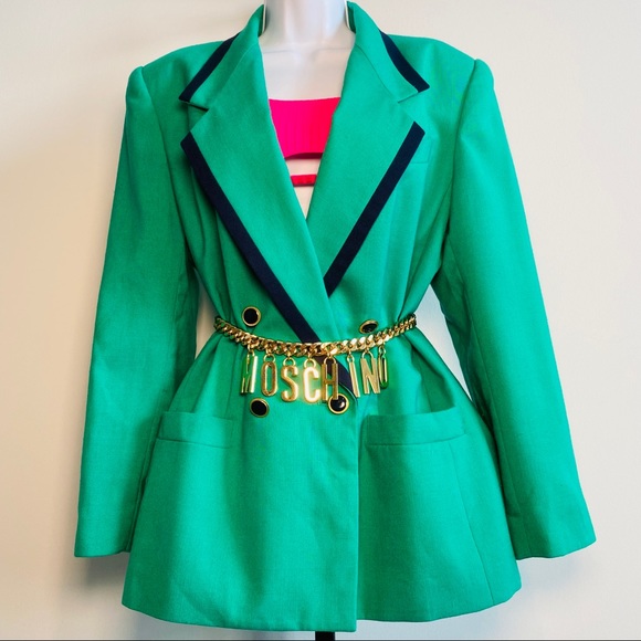 Great Kelly Green & Navy Blue Detail Double Breasted Versatile Wear Blazer - Picture 3 of 11